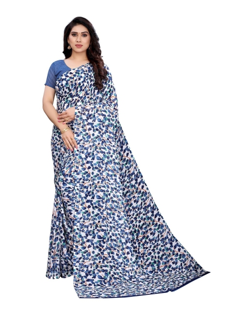 

PERFECTBLUE Blue & White Floral Printed Saree