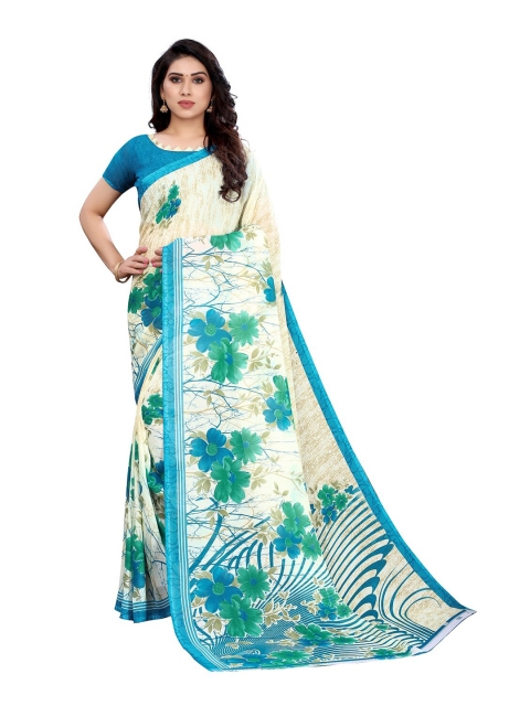 

PERFECTBLUE Cream-Coloured & Blue Floral Georgette aree