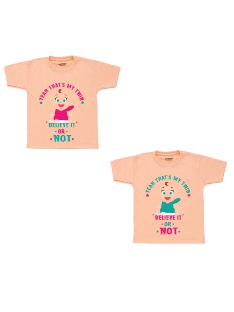 

KNITROOT Kids Peach-Coloured Typography 2 Printed Extended Sleeves Applique T-shirt