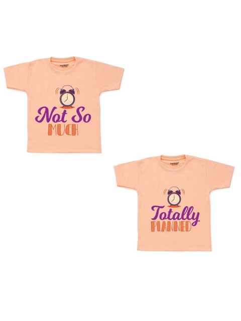 

KNITROOT Kids Peach-Coloured Typography 2 Printed V-Neck Extended Sleeves T-shirt