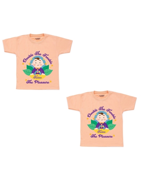 

KNITROOT Kids Peach-Coloured 2 Printed Extended Sleeves Applique T-shirt