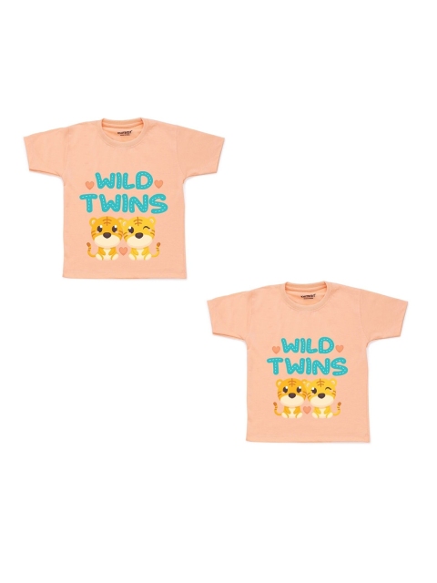 

KNITROOT Kids Peach-Coloured Typography 2 Printed Extended Sleeves Applique T-shirt