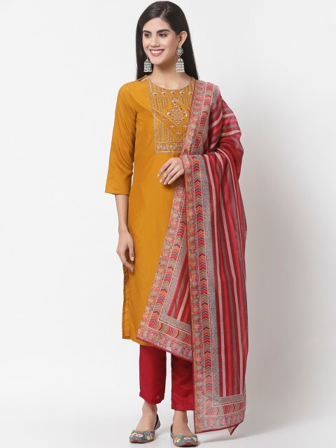 

Myshka Women Mustard Yellow & Red Ethnic Motifs Embroidered Kurta Set