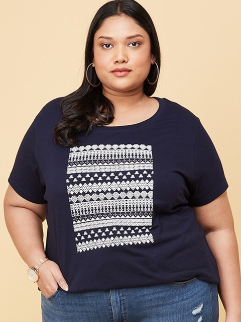 

max Women Plus Size Navy Blue & White Tribal Printed T-shirt
