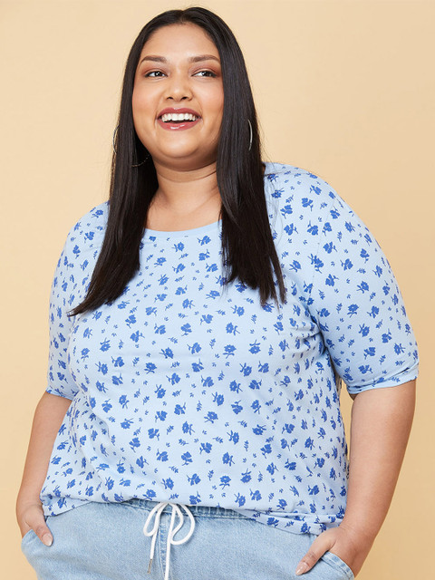 

max Women Plus Size Blue Floral Printed T-shirt