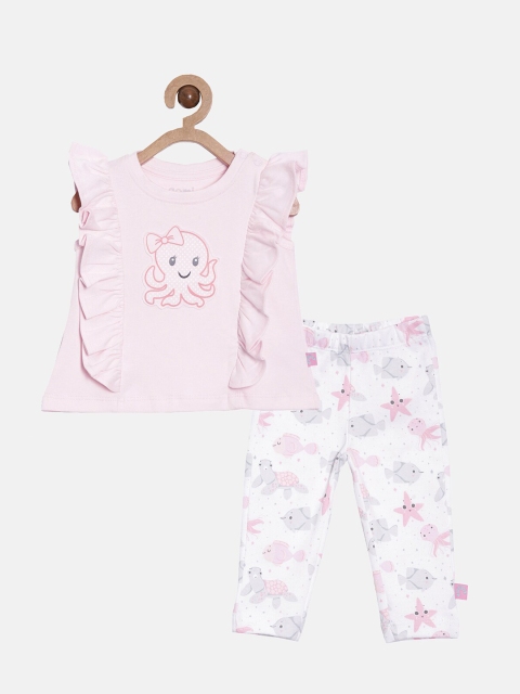 

Aomi Girls Pink & White Printed Ruffled Pure Cotton Top with Trousers
