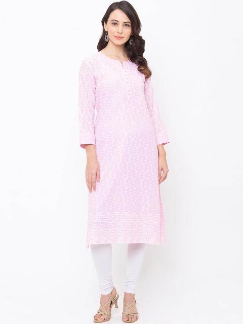 

ZOLA Women Pink & White Chikankari Embroidered Cotton Straight Kurta