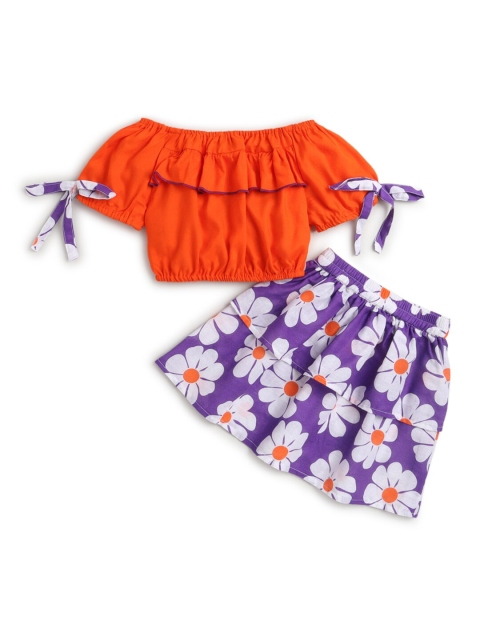 

Hopscotch Girls Orange & Purple Floral Printed Off Shoulder Top with Skirt