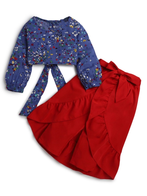 

Hopscotch Girls Blue & Red Printed Pure Cotton Top with Skirt