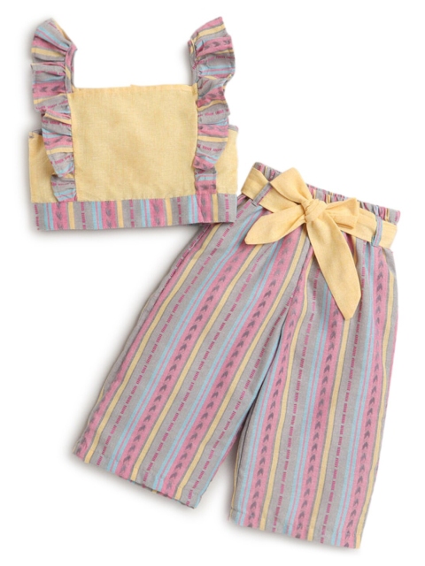 

Hopscotch Girls Yellow & Pink Printed Cotton Top with Trousers Clothing Set