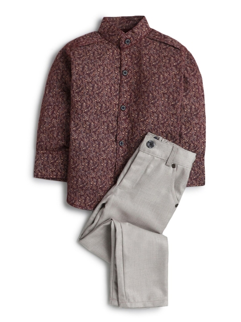 

Hopscotch Boys Maroon & Grey Printed Pure Cotton Shirt with Trousers