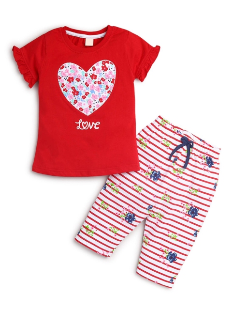 

Hopscotch Girls Red & White Printed Pure Cotton T-shirt with Trousers