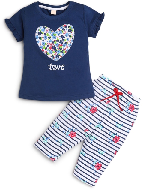 

Hopscotch Girls Navy Blue & White Printed Cotton T-shirt with Trouser