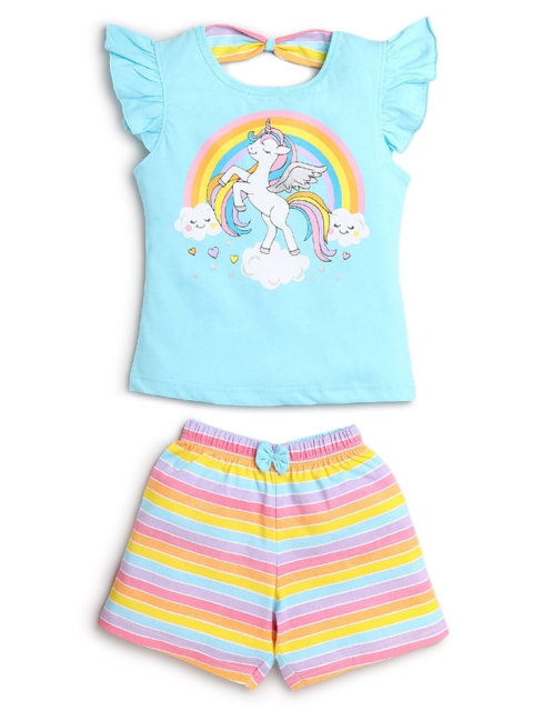 

Hopscotch Girls Sea Green & Pink Printed Cotton T-shirt with Shorts Clothing Set
