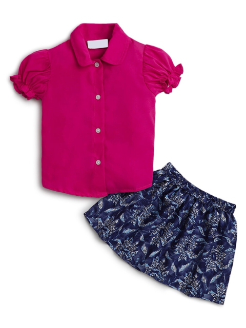 

Hopscotch Girls Magenta & Navy Blue Pure Cotton Shirt with Skirt