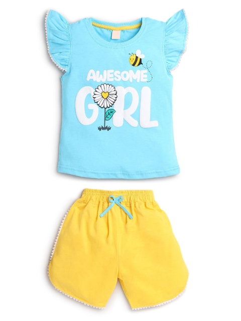 

Hopscotch Girls Blue & Yellow Printed Pure Cotton T-shirt with Shorts