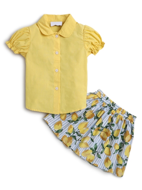 

Hopscotch Girls Yellow & Blue Printed Pure Cotton Top with Skirt