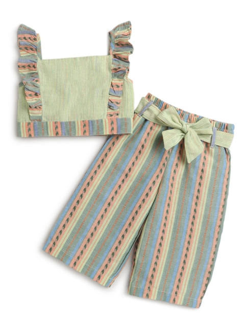 

Hopscotch Girls Green & Blue Printed Pure Cotton Top with Trousers