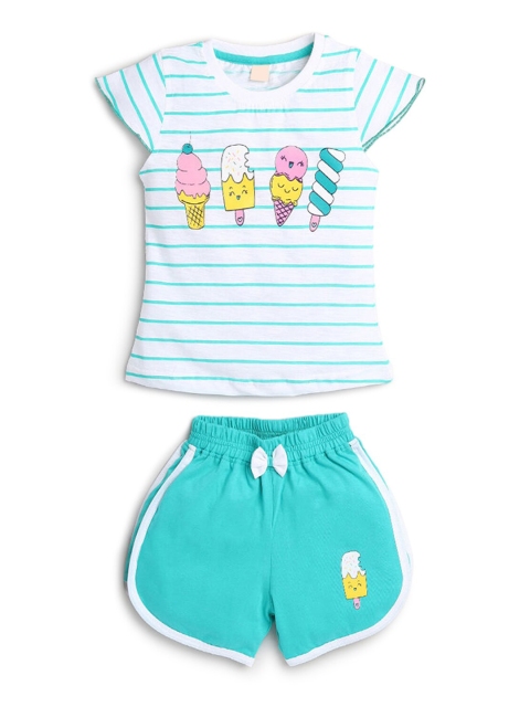 

Hopscotch Girls Green & White Striped Cotton T-shirt with Shorts
