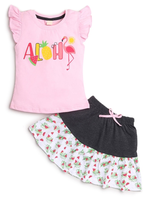 

Hopscotch Girls Pink & White Printed Cotton T-shirt with Skirt Clothing Set