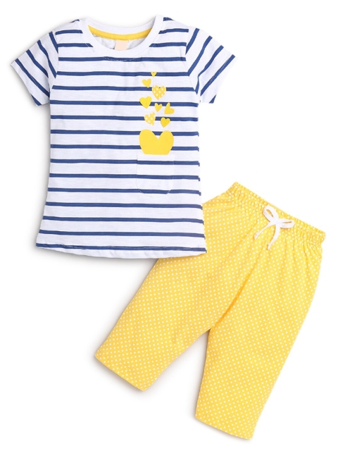 

Hopscotch Girls Yellow & Blue Striped Pure Cotton T-shirt with Trousers