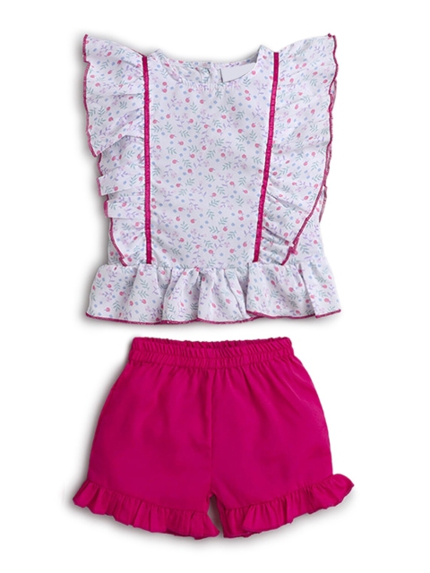 

Hopscotch Girls White & Pink Printed Pure Cotton Top with Shorts
