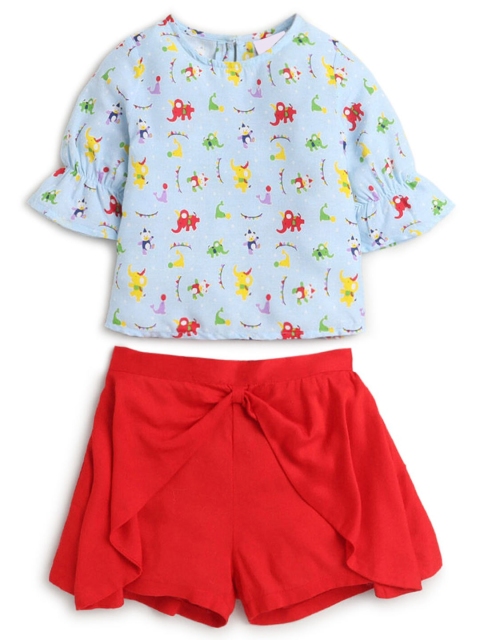 

Hopscotch Girls Blue & Red Printed Pure Cotton Top with Shorts