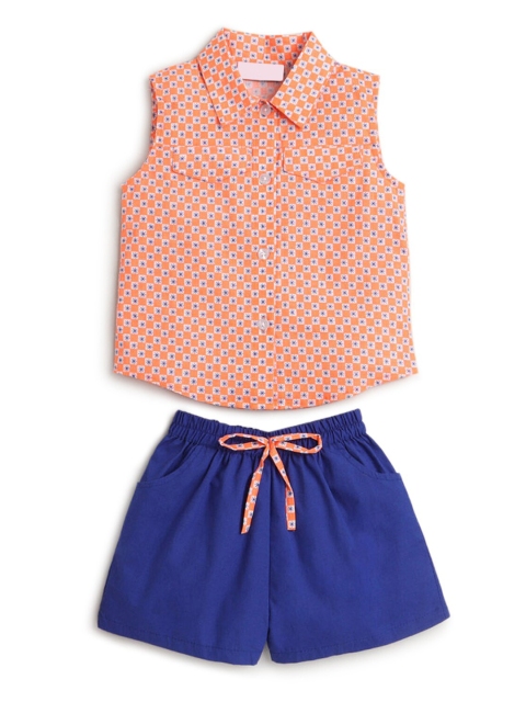

Hopscotch Girls Orange & Blue Printed Cotton Shirt with Shorts