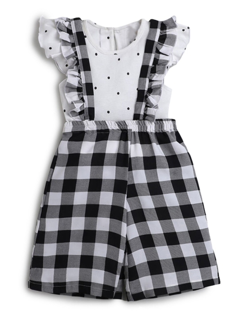 

Hopscotch Girls White & Black Printed Pure Cotton Top with Dungaree