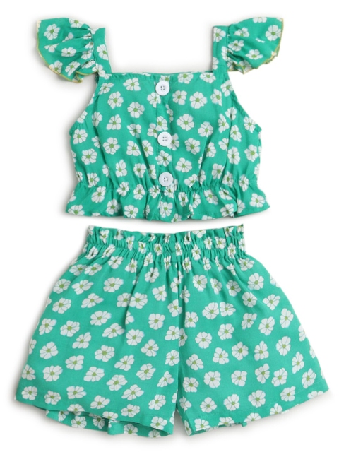 

Hopscotch Girls Green & White Floral Printed Pure Cotton Top with Shorts