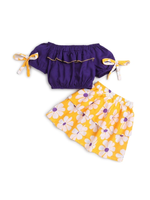 

Hopscotch Girls Blue & Yellow Pure Cotton Floral Top with Skirt