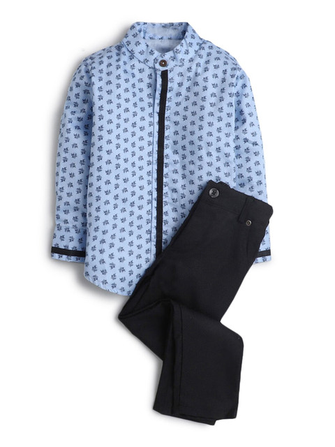 

Hopscotch Boys Blue & Black Printed Pure Cotton Shirt with Trousers