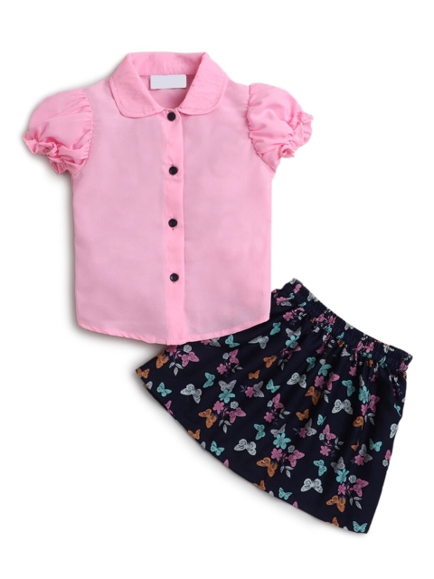 

Hopscotch Girls Pink & Black Printed Cotton Top with Skirt