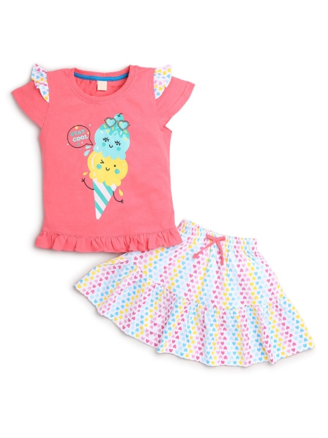 

Hopscotch Girls Pink & White Printed Pure Cotton T-shirt with Skirt