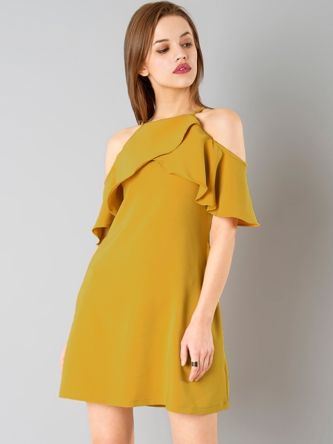 

FabAlley Women Mustard Yellow Georgette Cold Shoulder A-Line Dress
