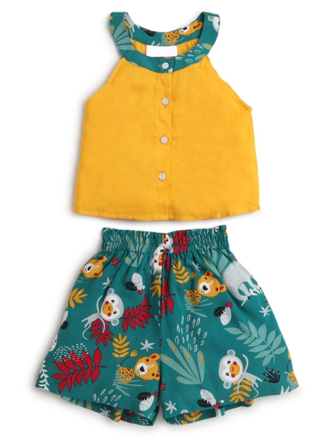

Hopscotch Girls Yellow & Green Printed Pure Cotton Top with Shorts