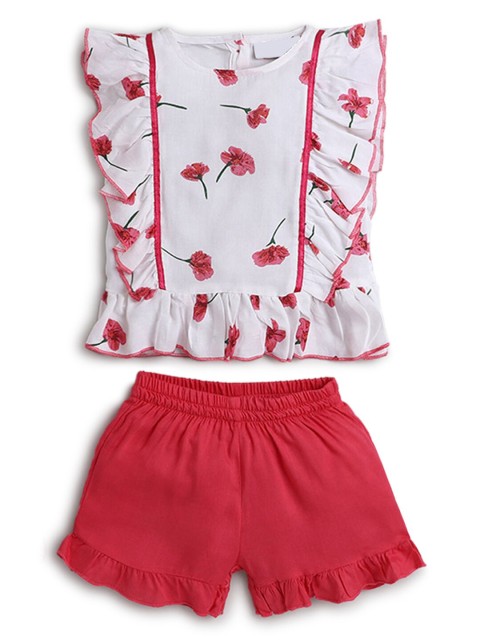 

Hopscotch Girls White & Red Printed Pure Cotton Top with Shorts