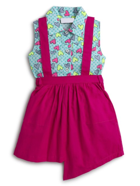 

Hopscotch Girls Sea Green & Pink Printed Pure Cotton Top with Skirt