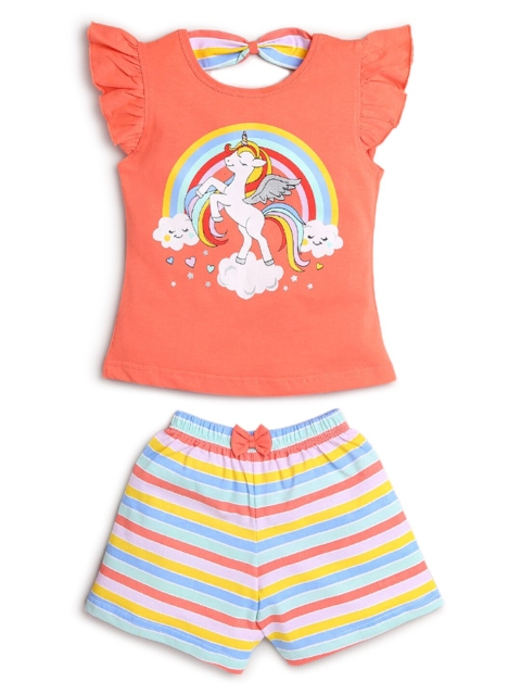 

Hopscotch Girls Coral & Sea Green Printed Cotton T-shirt with Shorts Clothing Set