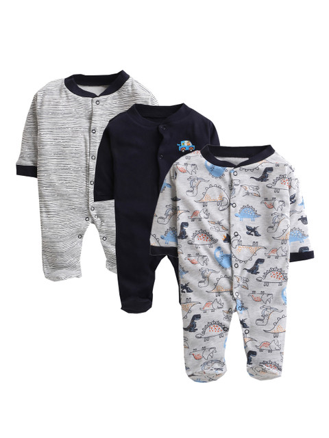 

Hopscotch Pack of 3 Infants Full-Sleeve Footsie Rompers, Navy blue