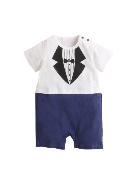 

Hopscotch Infant Boys White & Navy Blue Solid Pure Cotton Rompers