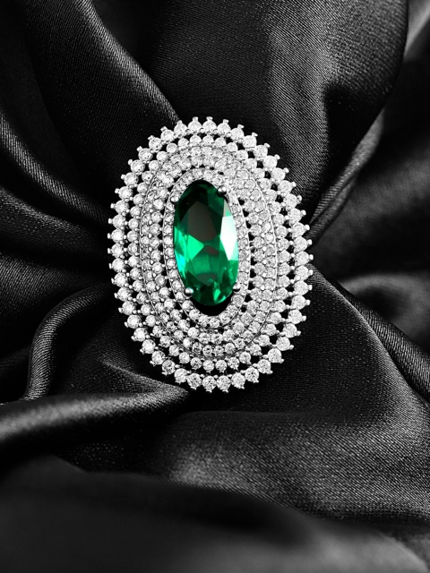 

ZILVER Silver-Plated White & Green CZ-Studded Finger Ring