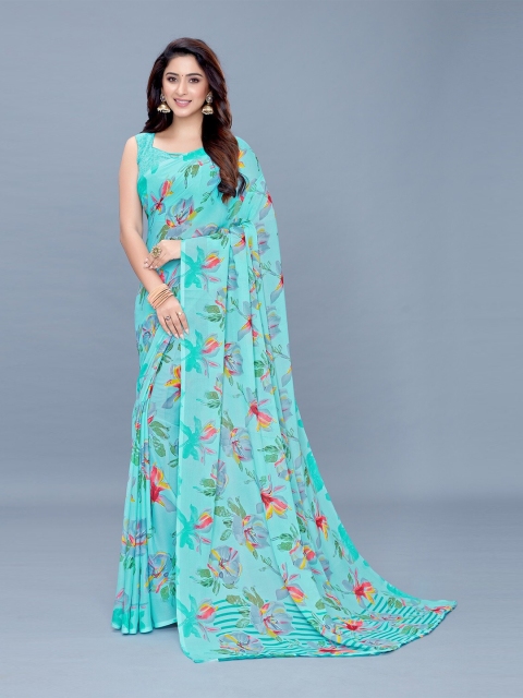 

PERFECTBLUE Blue & Purple Floral Georgette Saree