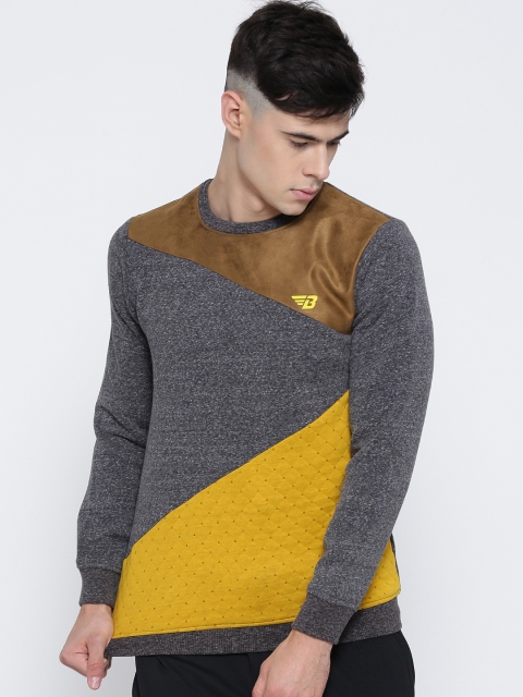 

B SPORTS Grey Melange & Mustard Yellow Colourblocked Quilted Sweatshirt