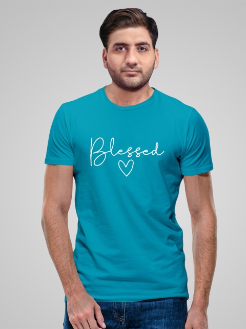 

Pootlu Men Turquoise Blue Typography Printed Applique T-shirt
