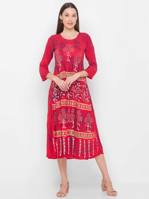 

ZOLA Red Ethnic Motifs A-Line Midi Dress