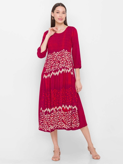 

ZOLA Maroon Ethnic Motifs Printed A-Line Midi Dress