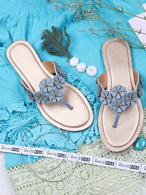 

THE WHITE POLE Women Navy Blue Embellished Leather Ethnic T-Strap Flats