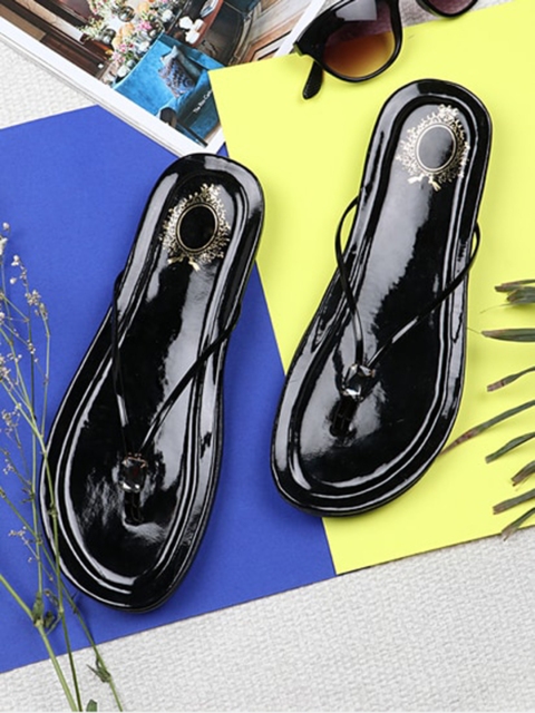 

THE WHITE POLE Women Black Ethnic Open Toe Flats with Bows