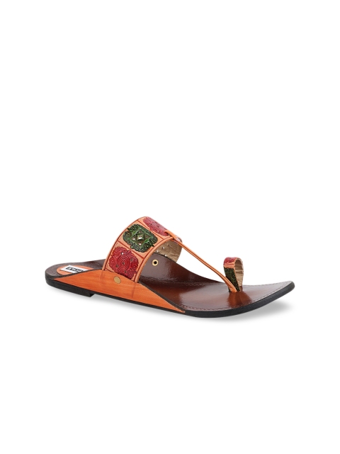 

THE WHITE POLE Women Beige Printed Leather Ethnic Open Toe Flats with Buckles